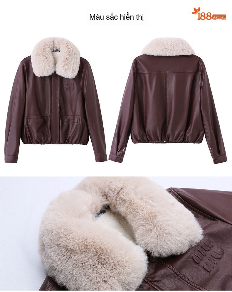Áo Khoác Da PU Nữ Cổ Lông Dày Dặn Kiểu Bomber Màu Đen, Nâu, Đỏ chi tiết 32