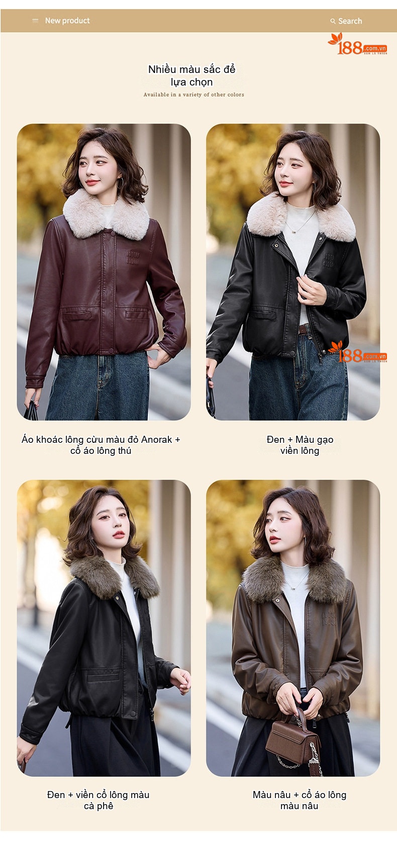 Áo Khoác Da PU Nữ Cổ Lông Dày Dặn Kiểu Bomber Màu Đen, Nâu, Đỏ chi tiết 6