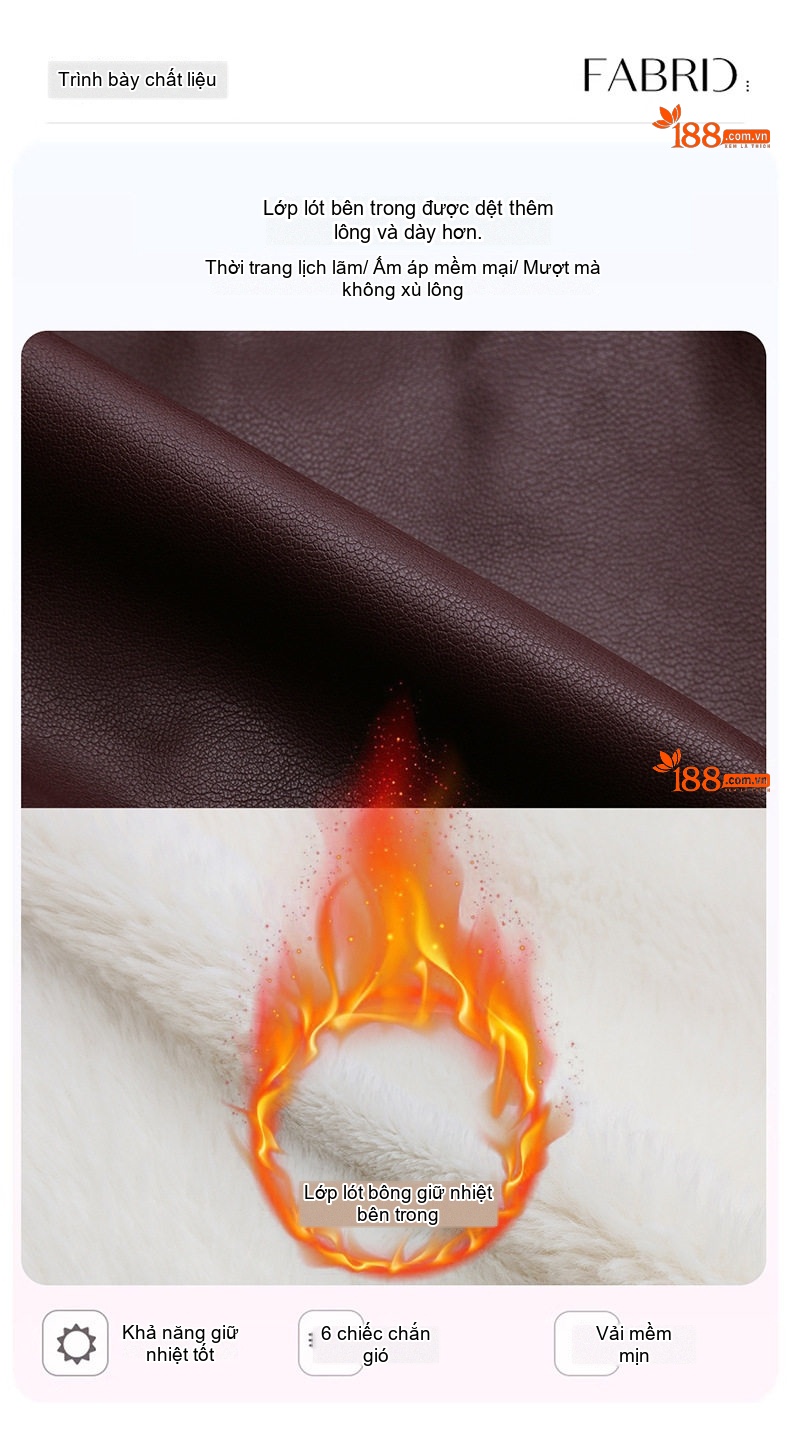 Áo Khoác Da PU Nữ Cổ Lông Dày Dặn Kiểu Bomber Màu Đen, Nâu, Đỏ chi tiết 11