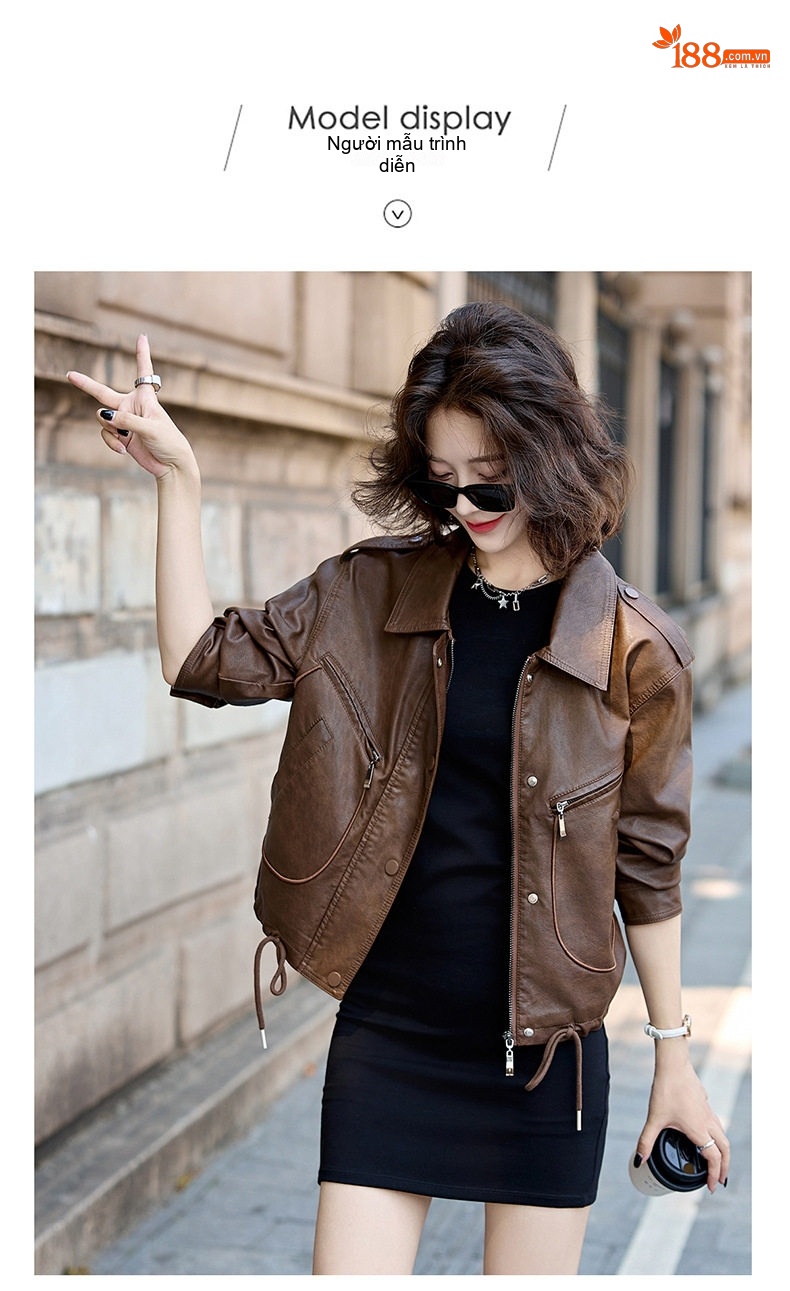 Áo Khoác Da PU Nữ Kiểu Mô Tô Retro Dáng Ngắn Màu Đen, Nâu chi tiết 12