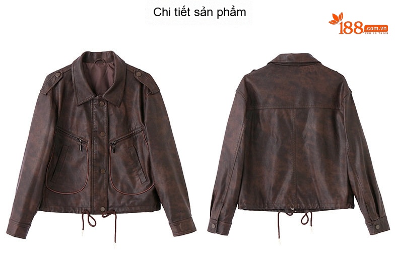 Áo Khoác Da PU Nữ Kiểu Mô Tô Retro Dáng Ngắn Màu Đen, Nâu chi tiết 30