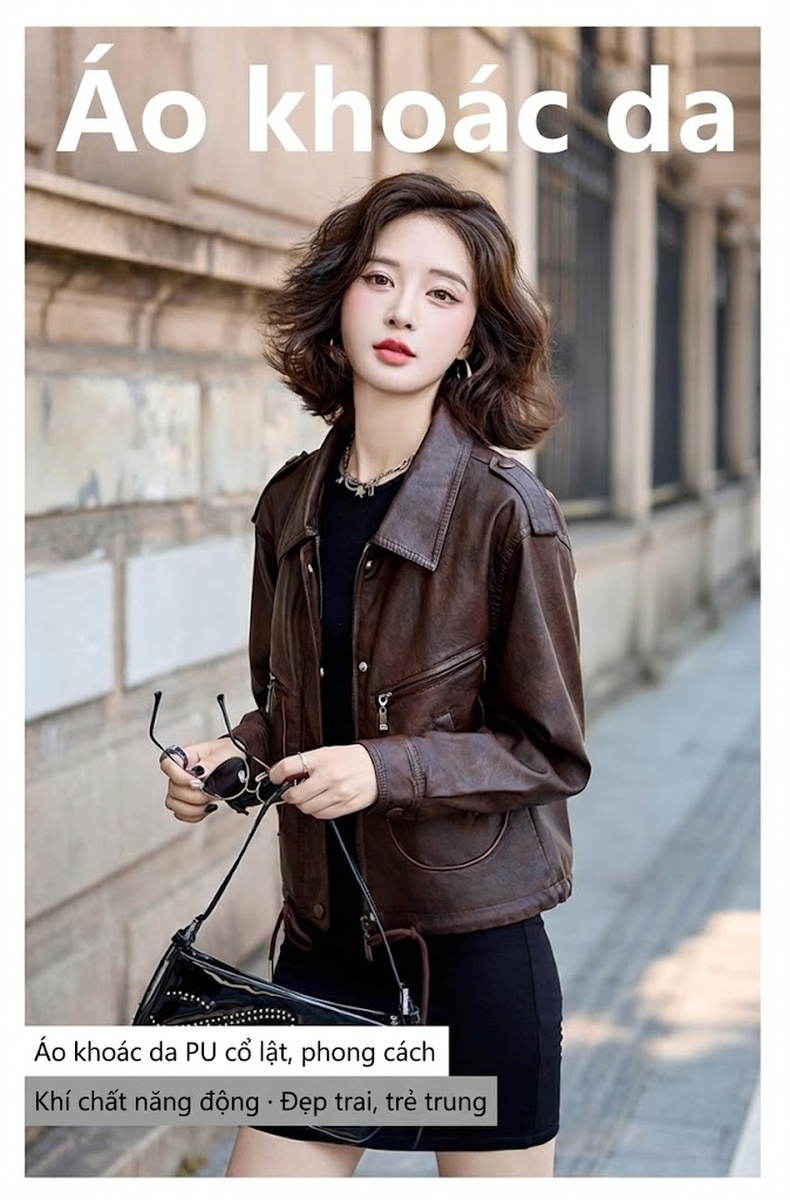 Áo Khoác Da PU Nữ Kiểu Mô Tô Retro Dáng Ngắn Màu Đen, Nâu chi tiết 1