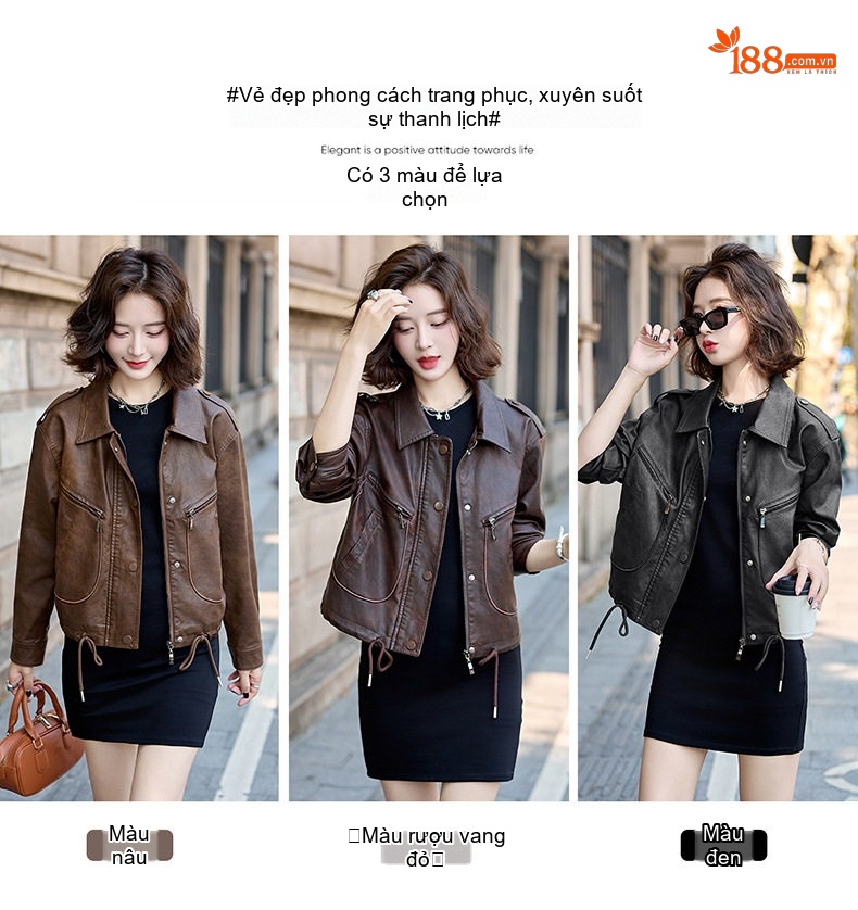 Áo Khoác Da PU Nữ Kiểu Mô Tô Retro Dáng Ngắn Màu Đen, Nâu chi tiết 5