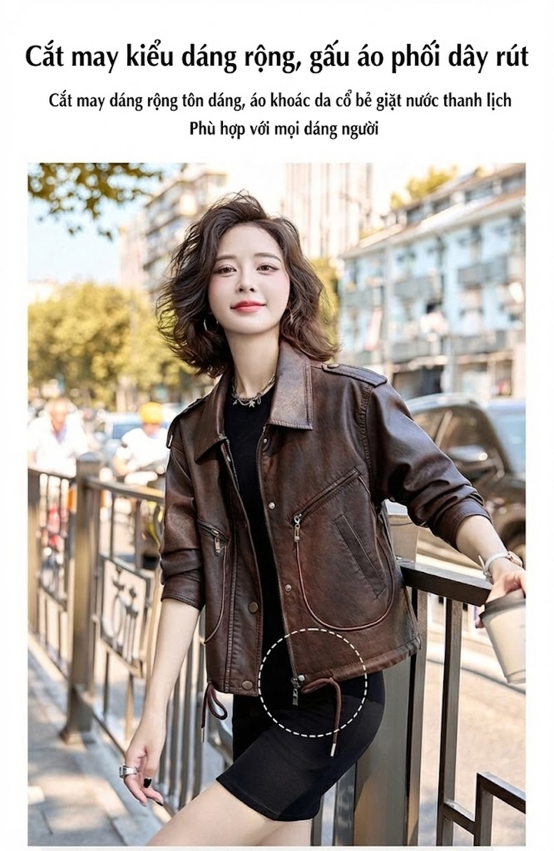 Áo Khoác Da PU Nữ Kiểu Mô Tô Retro Dáng Ngắn Màu Đen, Nâu chi tiết 6