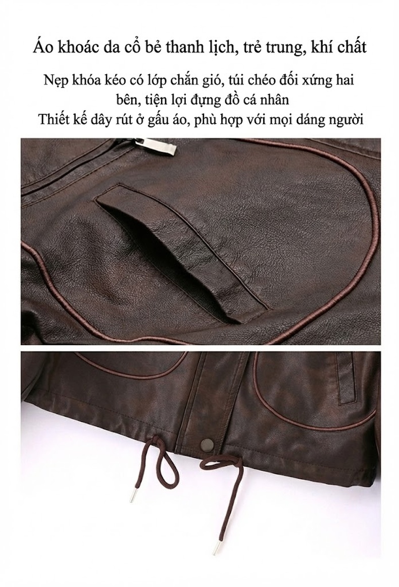 Áo Khoác Da PU Nữ Kiểu Mô Tô Retro Dáng Ngắn Màu Đen, Nâu chi tiết 8