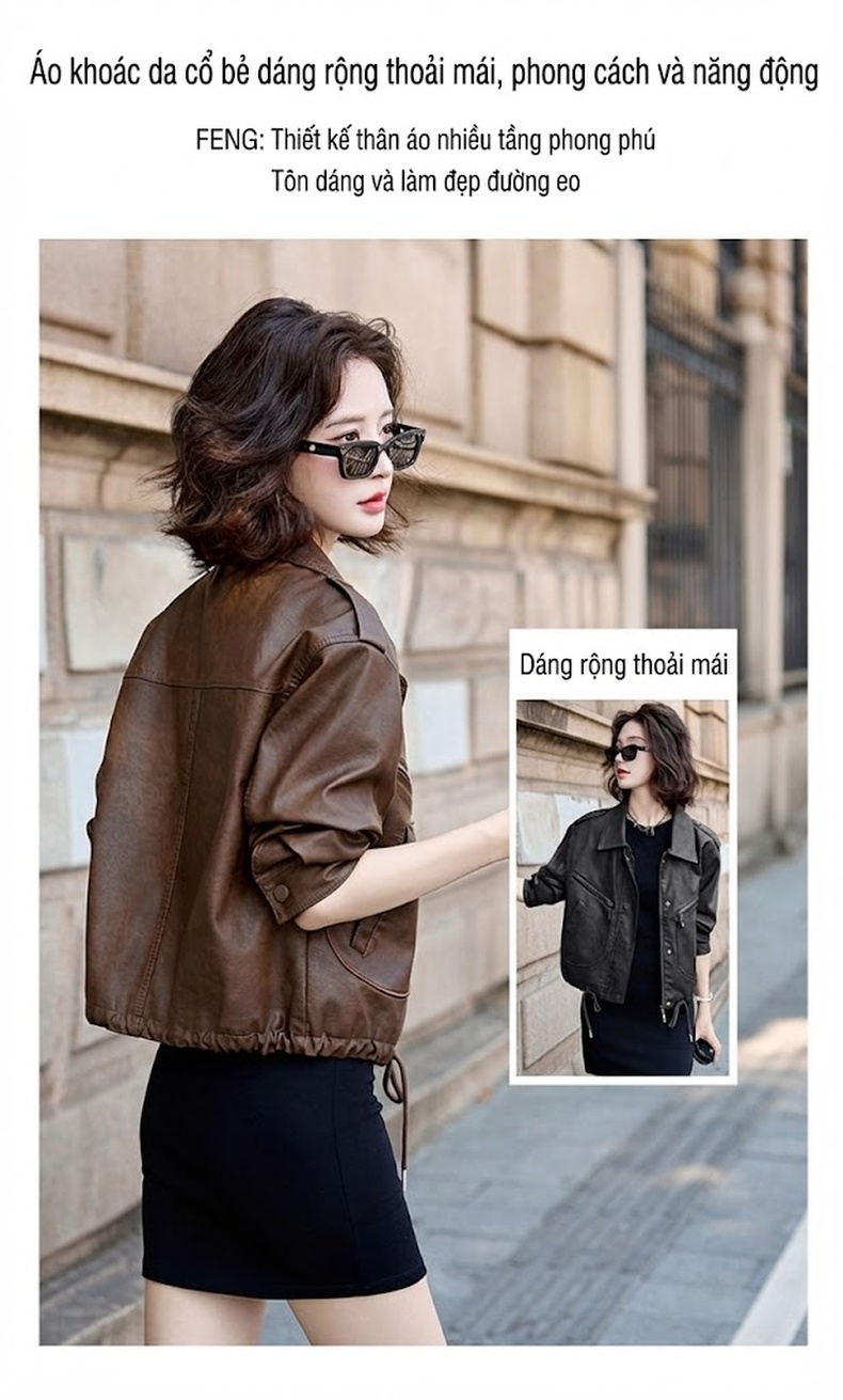 Áo Khoác Da PU Nữ Kiểu Mô Tô Retro Dáng Ngắn Màu Đen, Nâu chi tiết 9