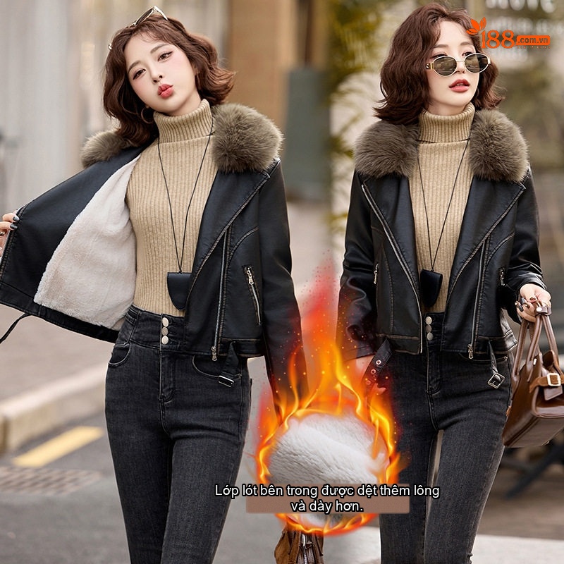 Áo Khoác Da PU Nữ Lót Lông Cổ Lông Dày Dặn Kiểu Motor Màu Đen, Nâu