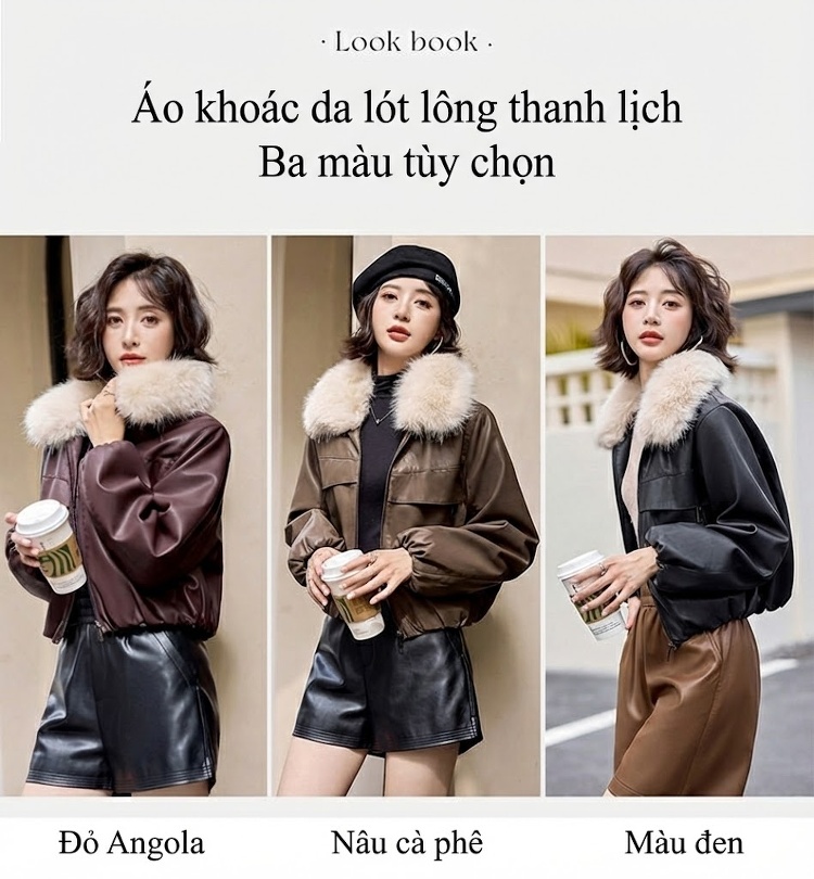Áo Khoác Da PU Nữ Lót Lông Cổ Lông Ngắn Dáng Nhỏ Màu Đen, Nâu chi tiết 3
