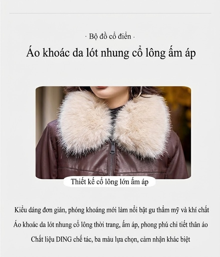 Áo Khoác Da PU Nữ Lót Lông Cổ Lông Ngắn Dáng Nhỏ Màu Đen, Nâu chi tiết 5