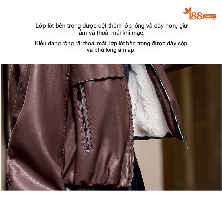 Áo Khoác Da PU Nữ Lót Lông Cổ Lông Ngắn Dáng Nhỏ Màu Đen, Nâu chi tiết 7