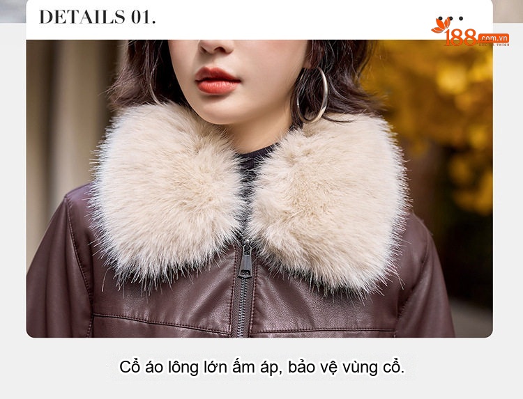 Áo Khoác Da PU Nữ Lót Lông Cổ Lông Ngắn Dáng Nhỏ Màu Đen, Nâu chi tiết 10