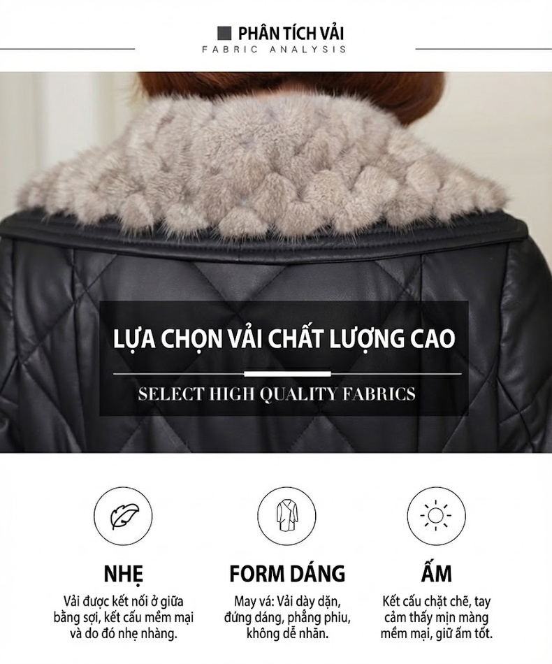 Áo Khoác Da Thật Dáng Dài Lót Lông Vũ Cổ Lông Chồn Màu Đen chi tiết 4