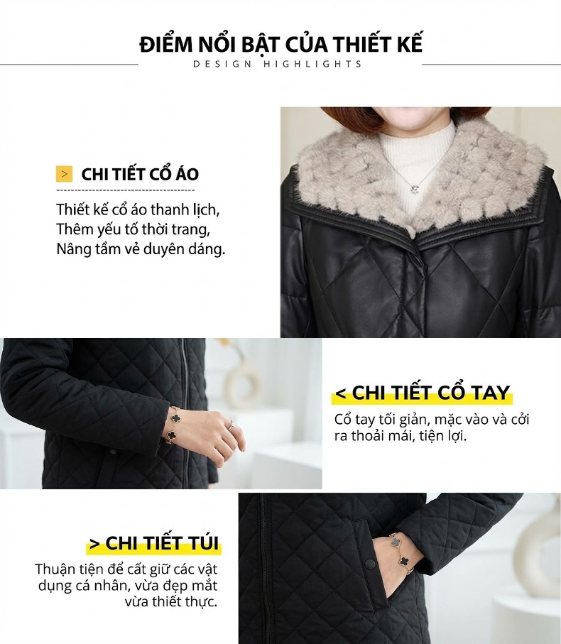Áo Khoác Da Thật Dáng Dài Lót Lông Vũ Cổ Lông Chồn Màu Đen chi tiết 2