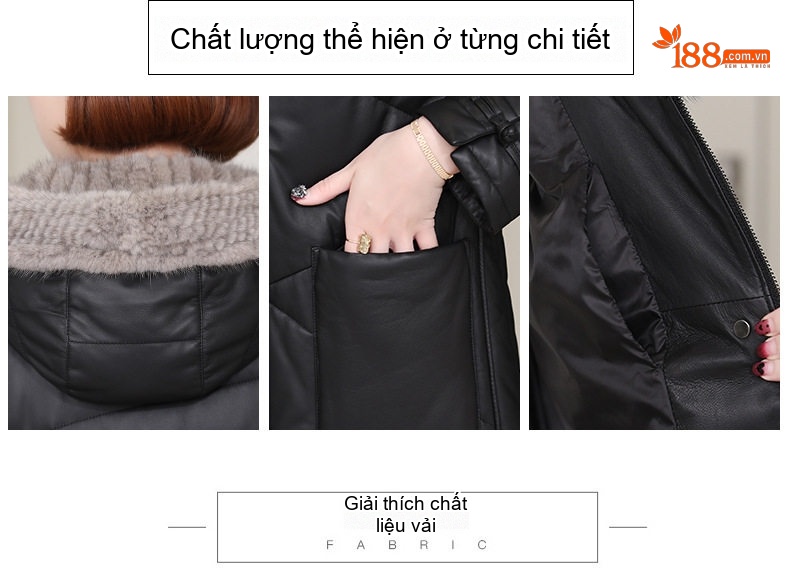 Áo Khoác Da Thật Dáng Dài Mũ Trùm Đầu Lông Chồn Dáng Ôm Thu Đông 2022 Màu Đen chi tiết 4
