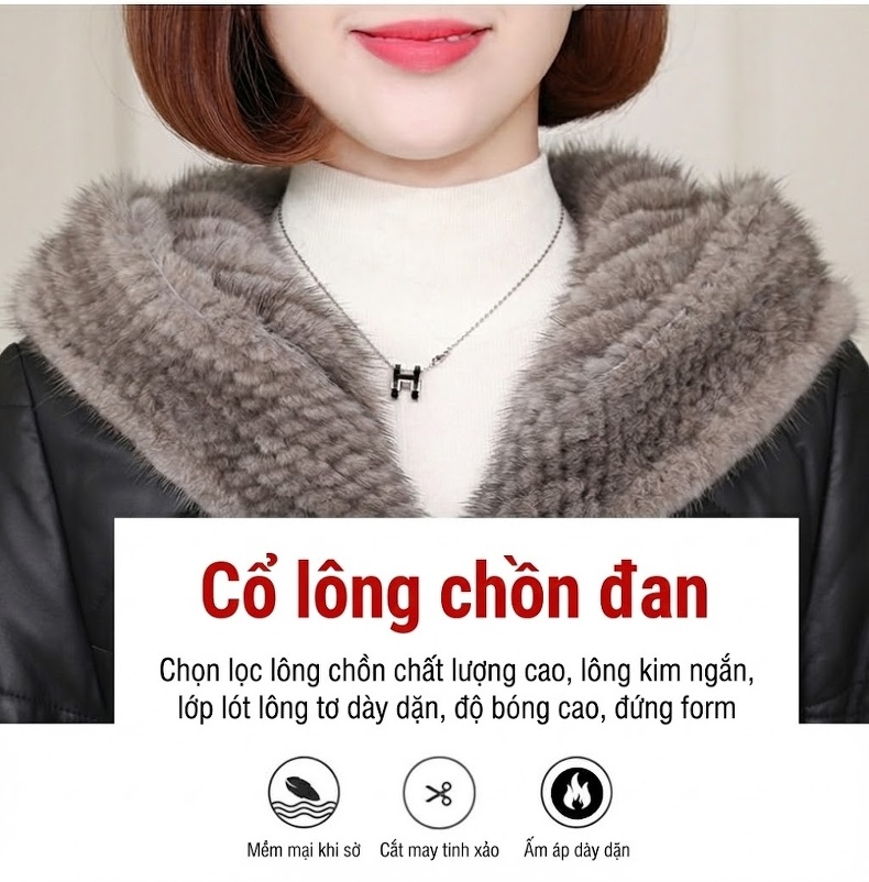 Áo Khoác Da Thật Dáng Dài Mũ Trùm Đầu Lông Chồn Dáng Ôm Thu Đông 2022 Màu Đen chi tiết 5