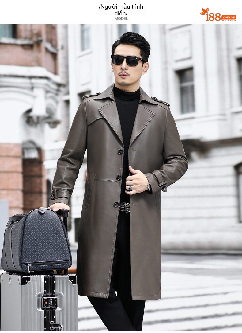 Áo Khoác Da Thật Dáng Dài Quá Gối Cổ chữ Vest Ôm Dáng Phong Cách Lịch Lãm Màu Xám, Đen chi tiết 6