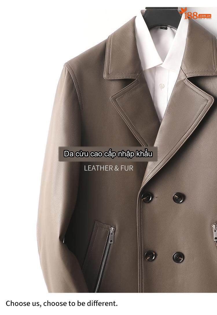 Áo Khoác Da Thật Nam Cổ chữ Vest Hai Hàng Khuy Da Cừu Màu Đen, Nâu chi tiết 2