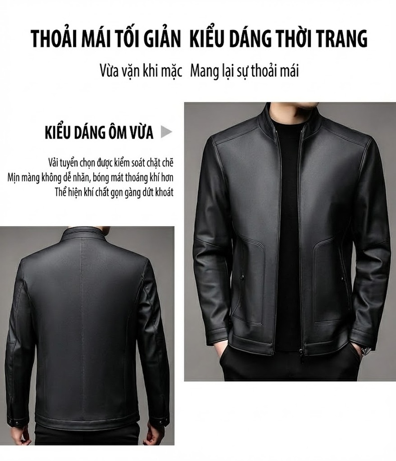Áo Khoác Da Thật Nam Cổ Trụ Lót Lông Giữ Ấm Màu Đen, Xám chi tiết 3
