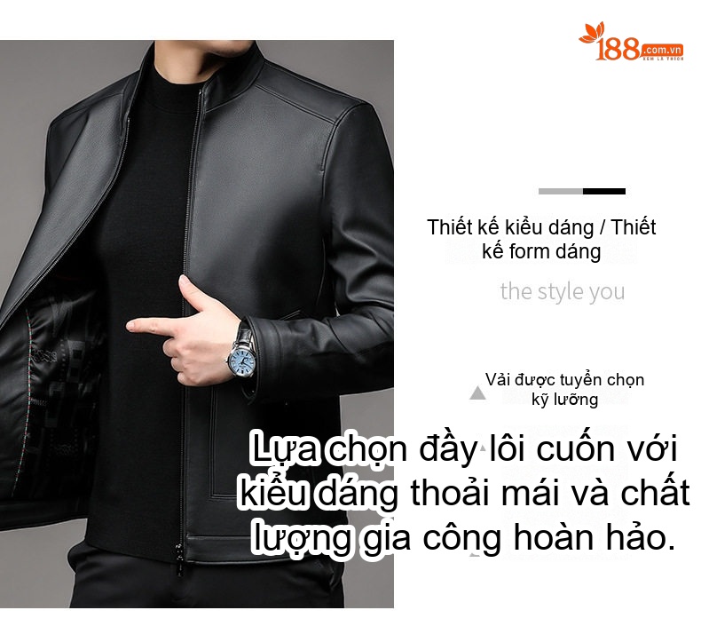 Áo Khoác Da Thật Nam Cổ Trụ Lót Lông Giữ Ấm Màu Đen, Xám chi tiết 4