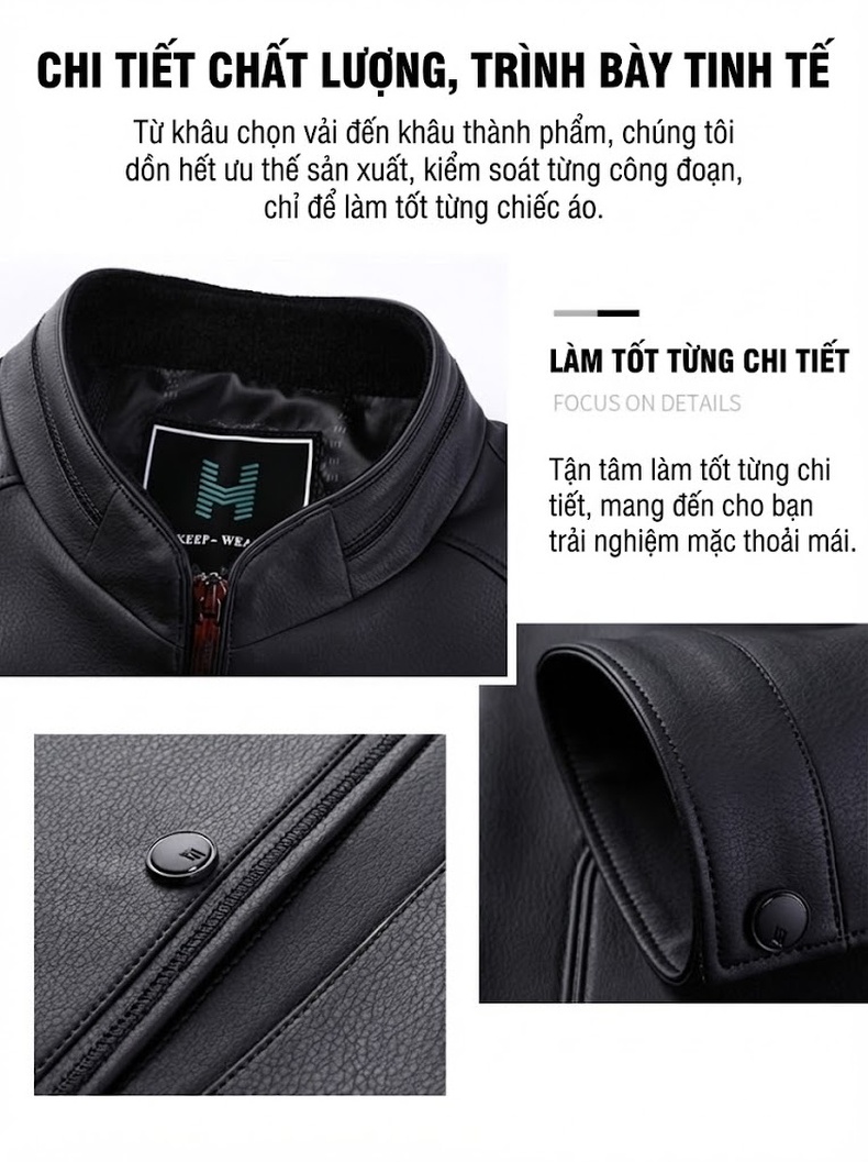 Áo Khoác Da Thật Nam Cổ Trụ Lót Lông Giữ Ấm Màu Đen, Xám chi tiết 5