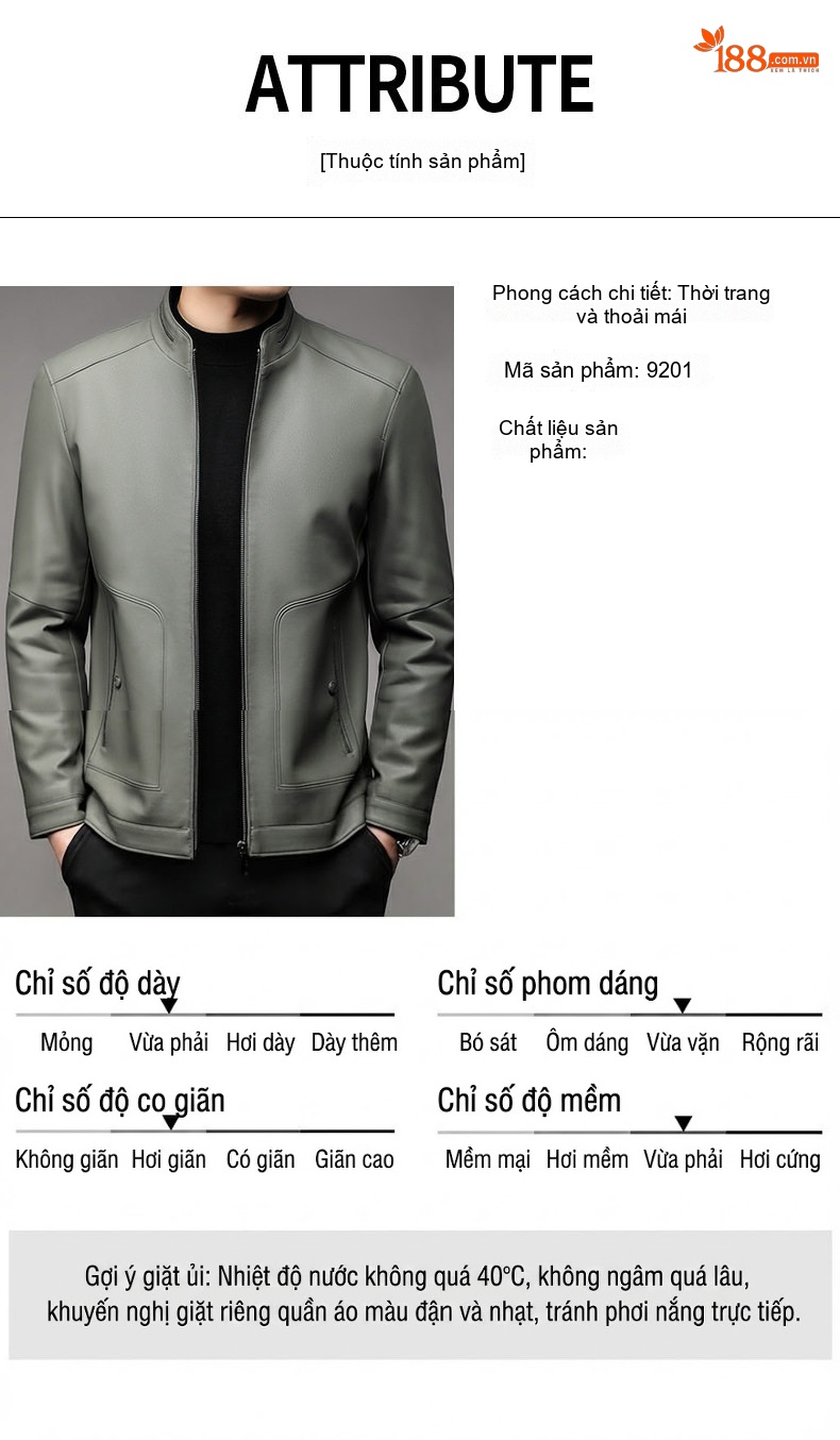 Áo Khoác Da Thật Nam Cổ Trụ Lót Lông Giữ Ấm Màu Đen, Xám chi tiết 6