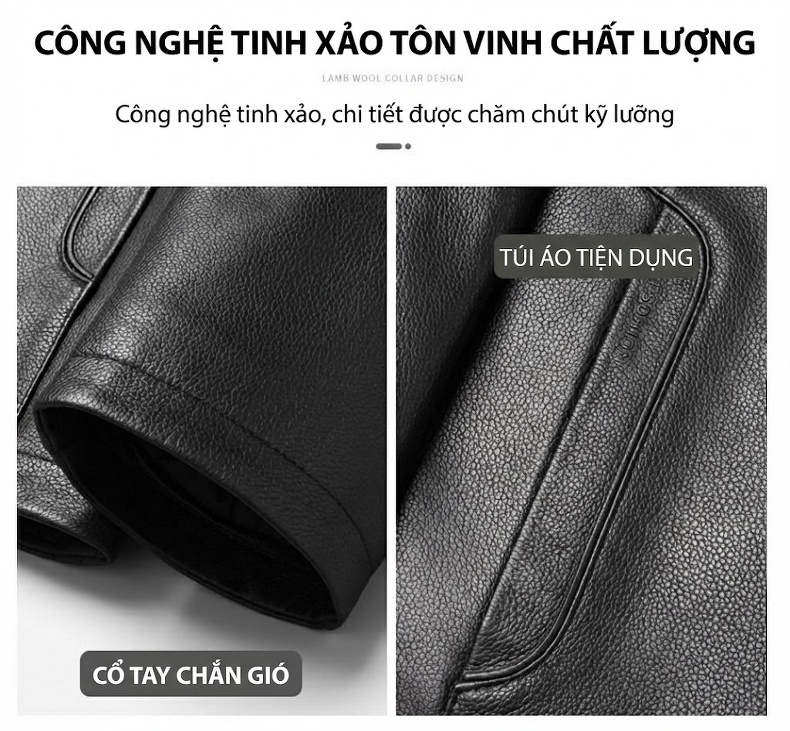 Áo Khoác Da Thật Nam Da Dê Lót Lông Chồn Dáng Ôm Trung Niên Màu Đen chi tiết 4