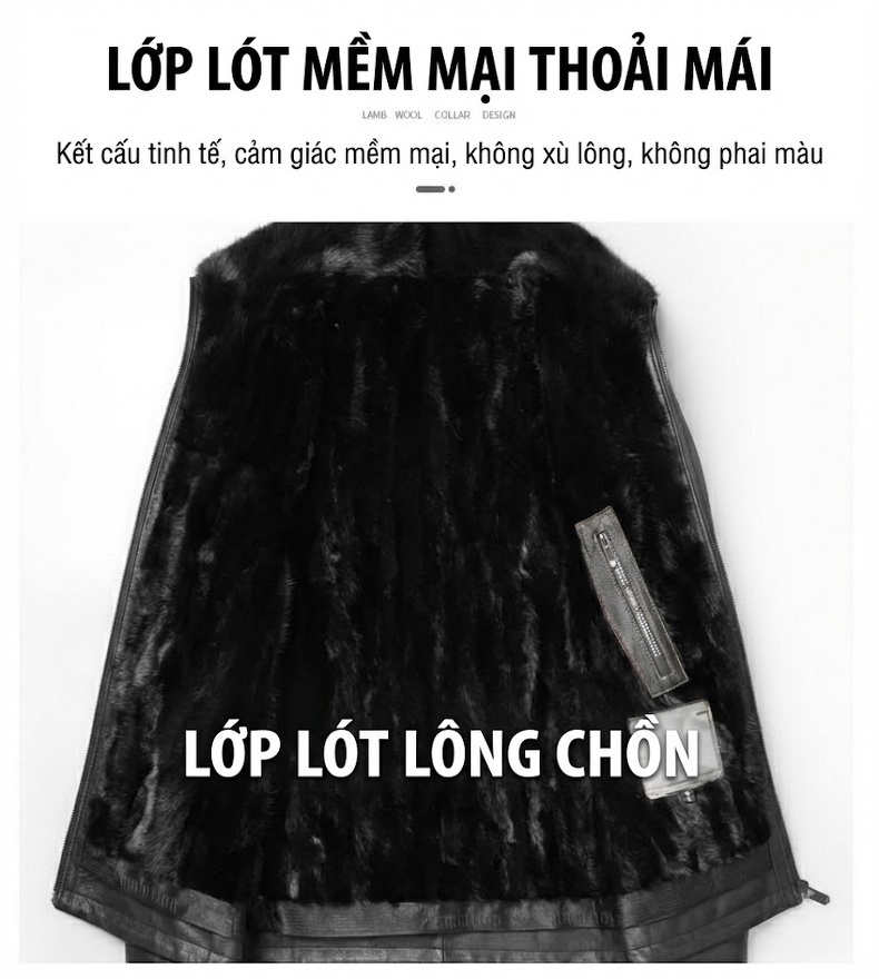 Áo Khoác Da Thật Nam Da Dê Lót Lông Chồn Dáng Ôm Trung Niên Màu Đen chi tiết 5