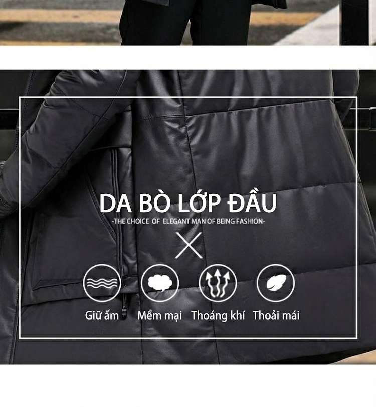 Áo Khoác Da Thật Nam Dáng Dài Vừa Có Mũ Trùm Đầu Lót Lông Vũ Dày Dặn Giữ Ấm Mùa Đông Màu Đen chi tiết 2