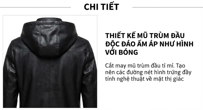 Áo Khoác Da Thật Nam Dáng Ngắn Có Mũ Da Cừu Màu Đen chi tiết 5