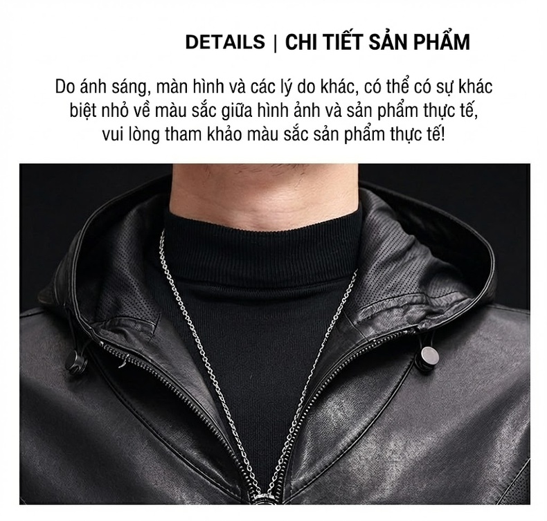 Áo Khoác Da Thật Nam Dáng Ngắn Có Mũ Da Cừu Màu Đen chi tiết 16