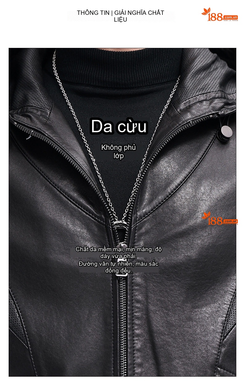 Áo Khoác Da Thật Nam Dáng Ngắn Có Mũ Da Cừu Màu Đen chi tiết 4