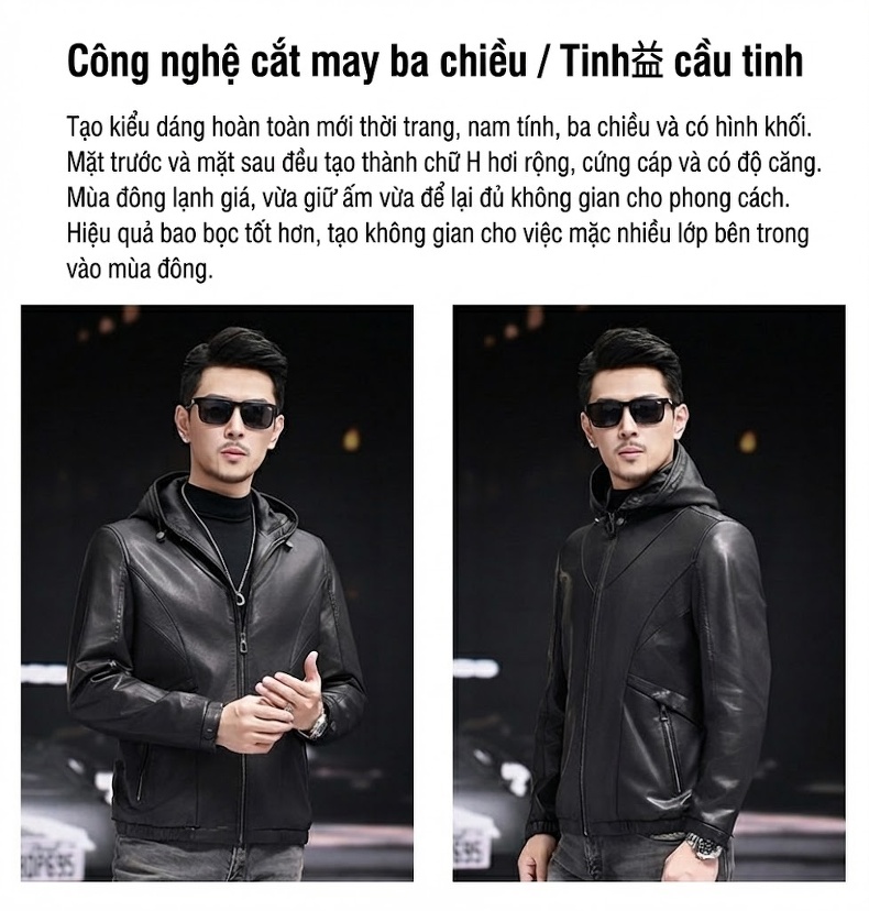 Áo Khoác Da Thật Nam Dáng Ngắn Có Mũ Da Cừu Màu Đen chi tiết 2