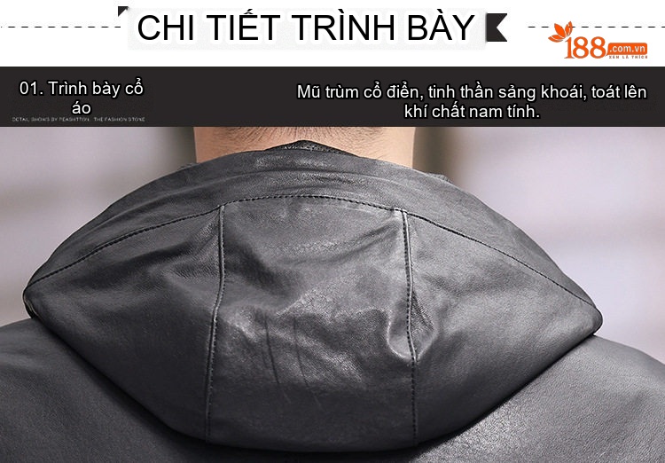 Áo Khoác Da Thật Nam Dáng Ngắn Có Mũ Thu Đông Da Cừu Màu Đen chi tiết 15