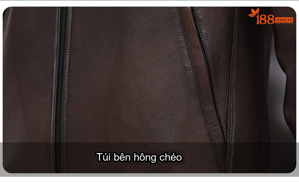 Áo Khoác Da Thật Nam Dáng Ngắn Cổ Trụ Da Dê Màu Nâu chi tiết 5