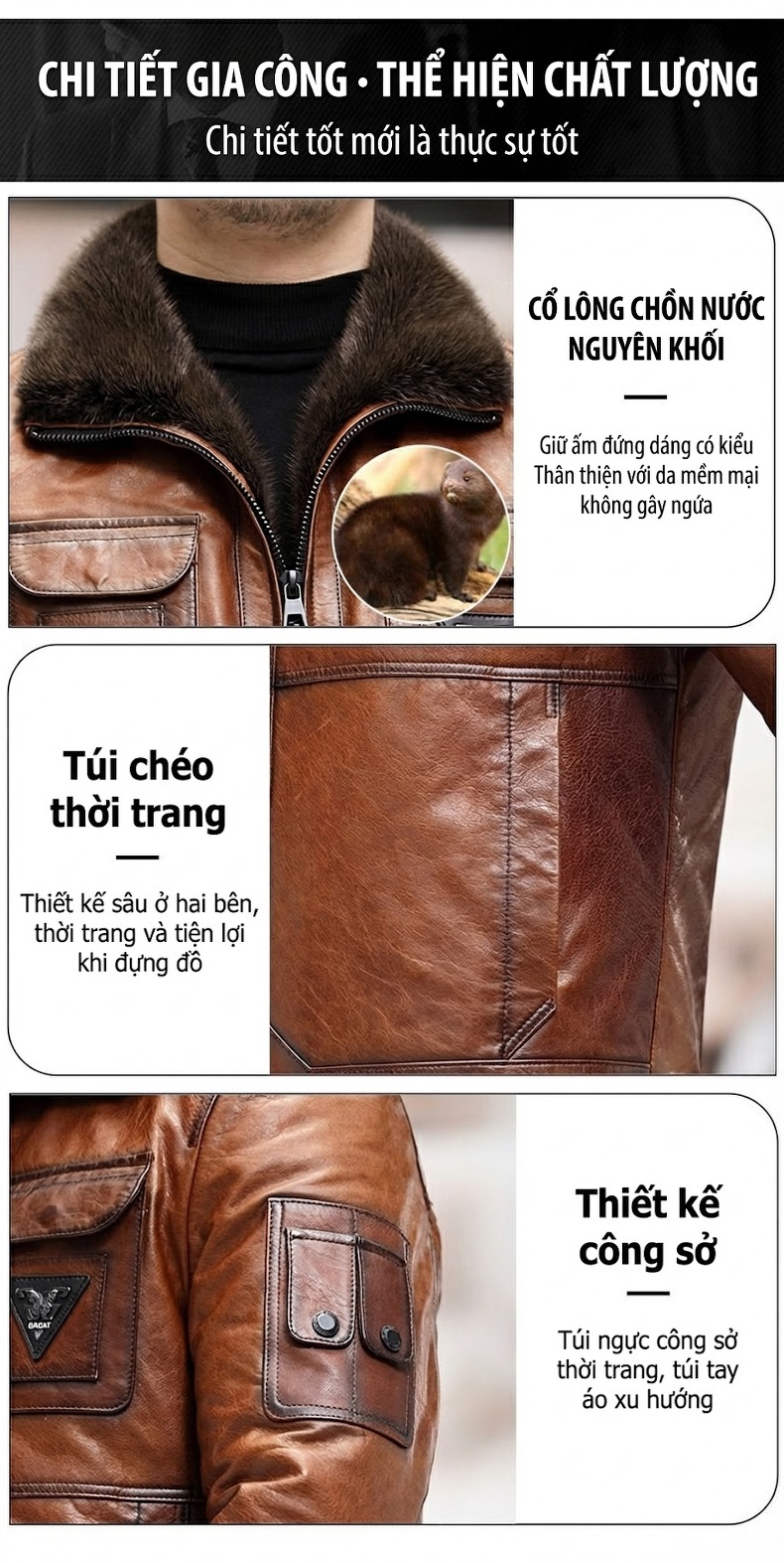Áo Khoác Da Thật Nam Dáng Ngắn Da Cừu Sáp Dầu Lót Lông Chồn Cổ Bẻ Phong Cách Trẻ Trung Màu Nâu chi tiết 4