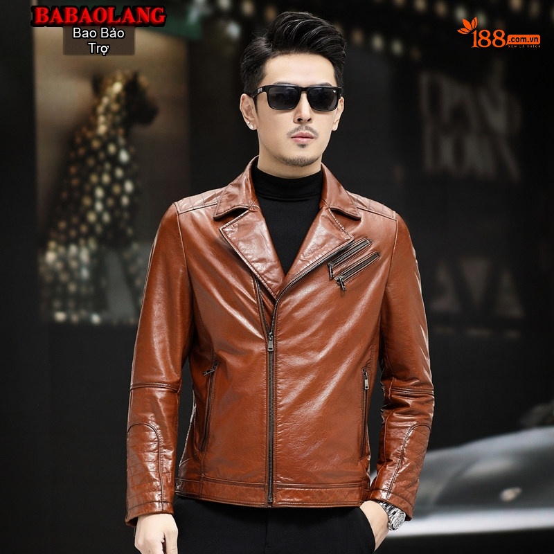 Áo Khoác Da Thật Nam Dáng Ôm, Cổ chữ Vest, Ngắn Màu Nâu