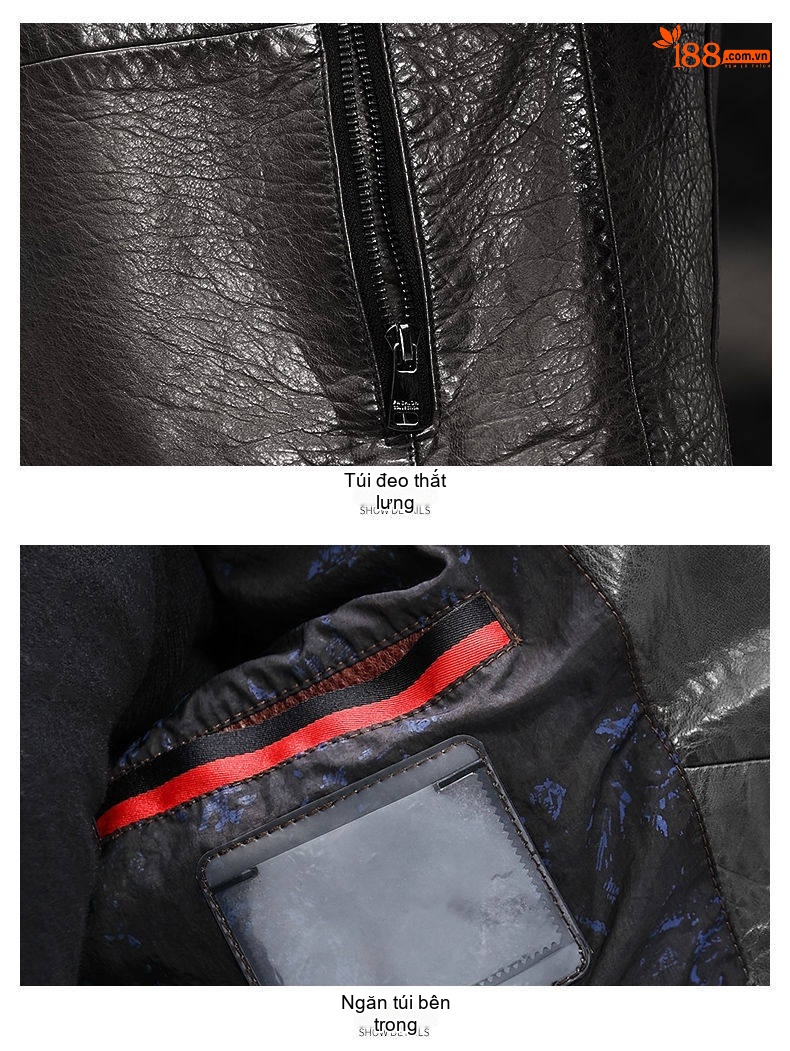 Áo Khoác Da Thật Nam Dáng Ôm Cổ chữ Vest Phong Cách Moto Màu Nâu, Đen chi tiết 14