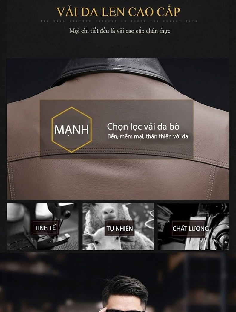 Áo Khoác Da Thật Nam Đầu Lớp Da Bò Cổ Bẻ Kiểu Retro Màu Nâu chi tiết 3