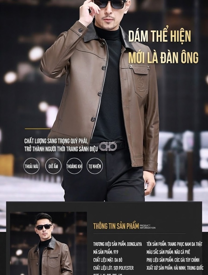 Áo Khoác Da Thật Nam Đầu Lớp Da Bò Cổ Bẻ Kiểu Retro Màu Nâu chi tiết 4