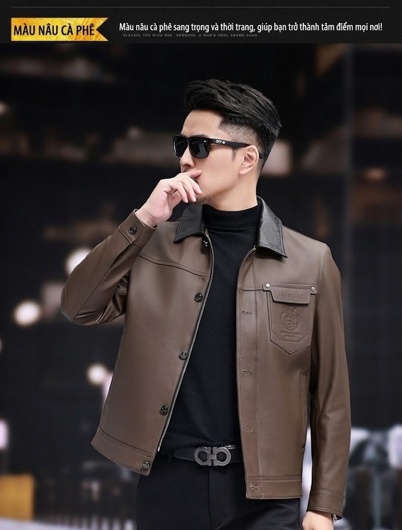 Áo Khoác Da Thật Nam Đầu Lớp Da Bò Cổ Bẻ Kiểu Retro Màu Nâu chi tiết 8