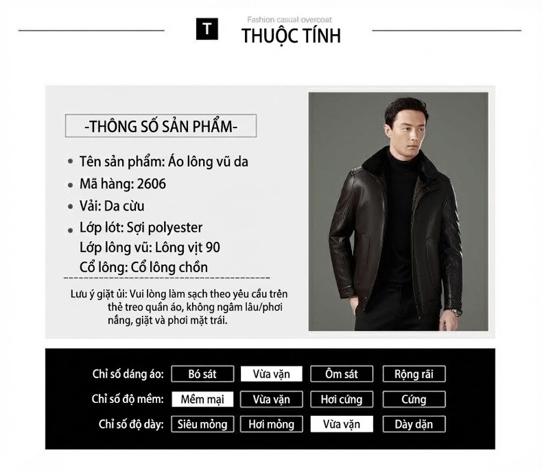 Áo Khoác Da Thật Nam Lót Lông Cổ Lông Thú Dày Dặn Giữ Ấm Màu Đen, Nâu chi tiết 20
