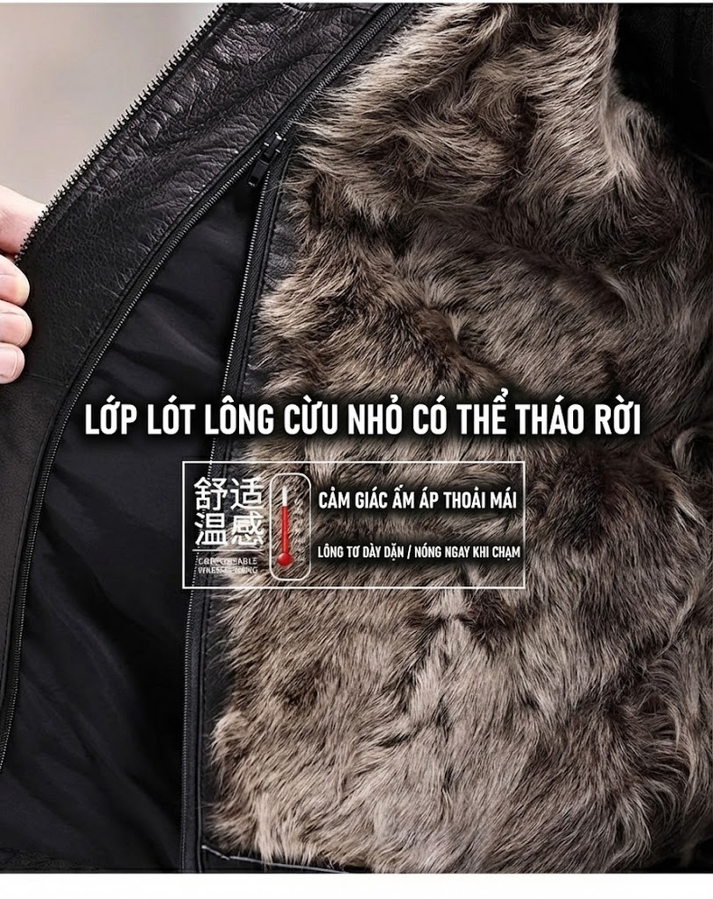 Áo Khoác Da Thật Nam Lót Lông Cừu Cổ Lông Chồn Có Thể Tháo Rời Màu Đen chi tiết 6