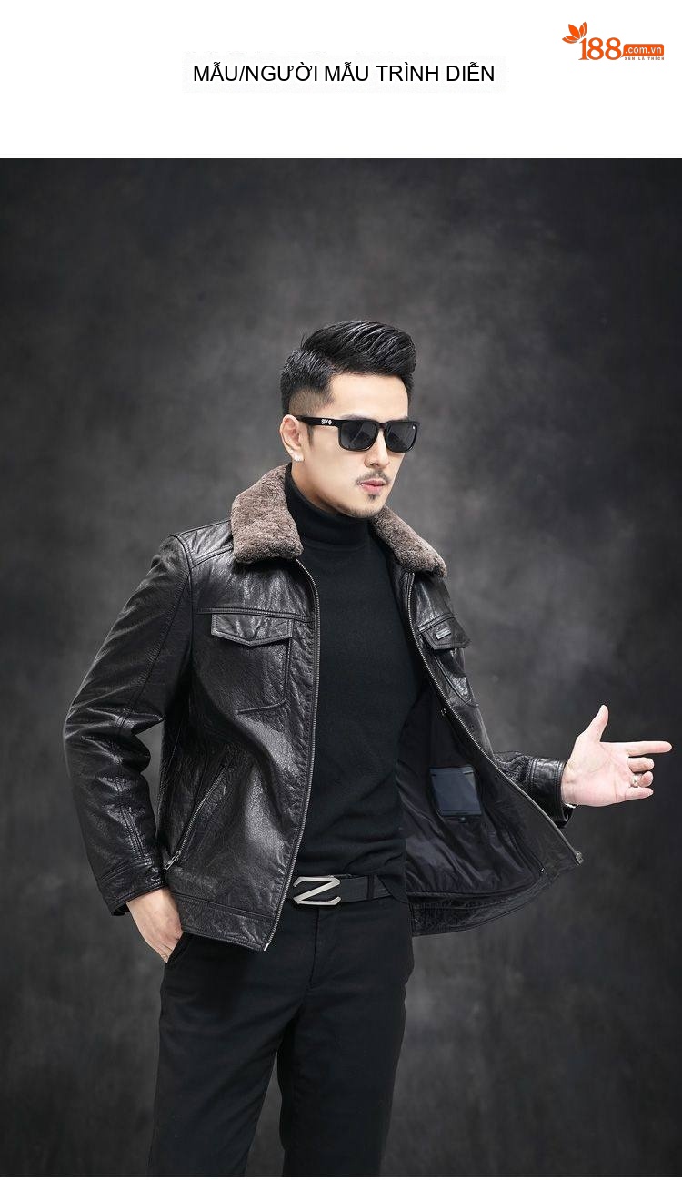 Áo Khoác Da Thật Nam Lót Lông Cừu Non Cổ Bẻ Dáng Bomber Màu Đen chi tiết 4