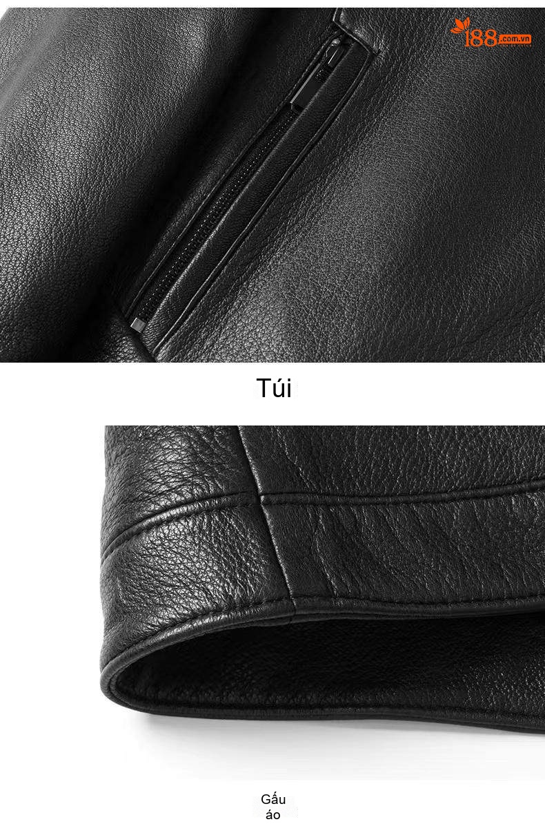 Áo Khoác Da Thật Nam Trung Niên Lót Lông Vũ Có Thể Tháo Rời Dáng Ngắn Màu Đen chi tiết 7