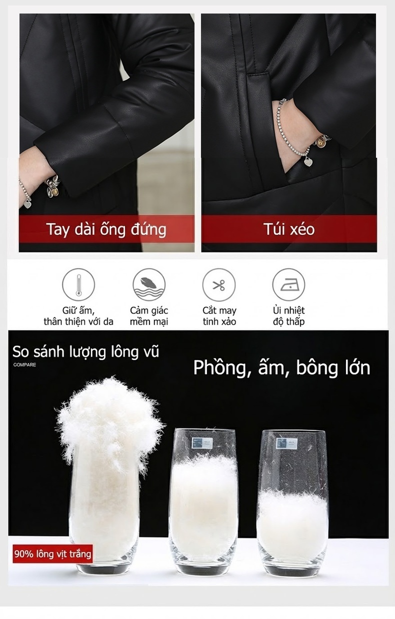Áo Khoác Da Thật Nữ Da Cừu Dáng Dài Vừa Có Mũ Lông Thú Màu Đen, Xanh chi tiết 4