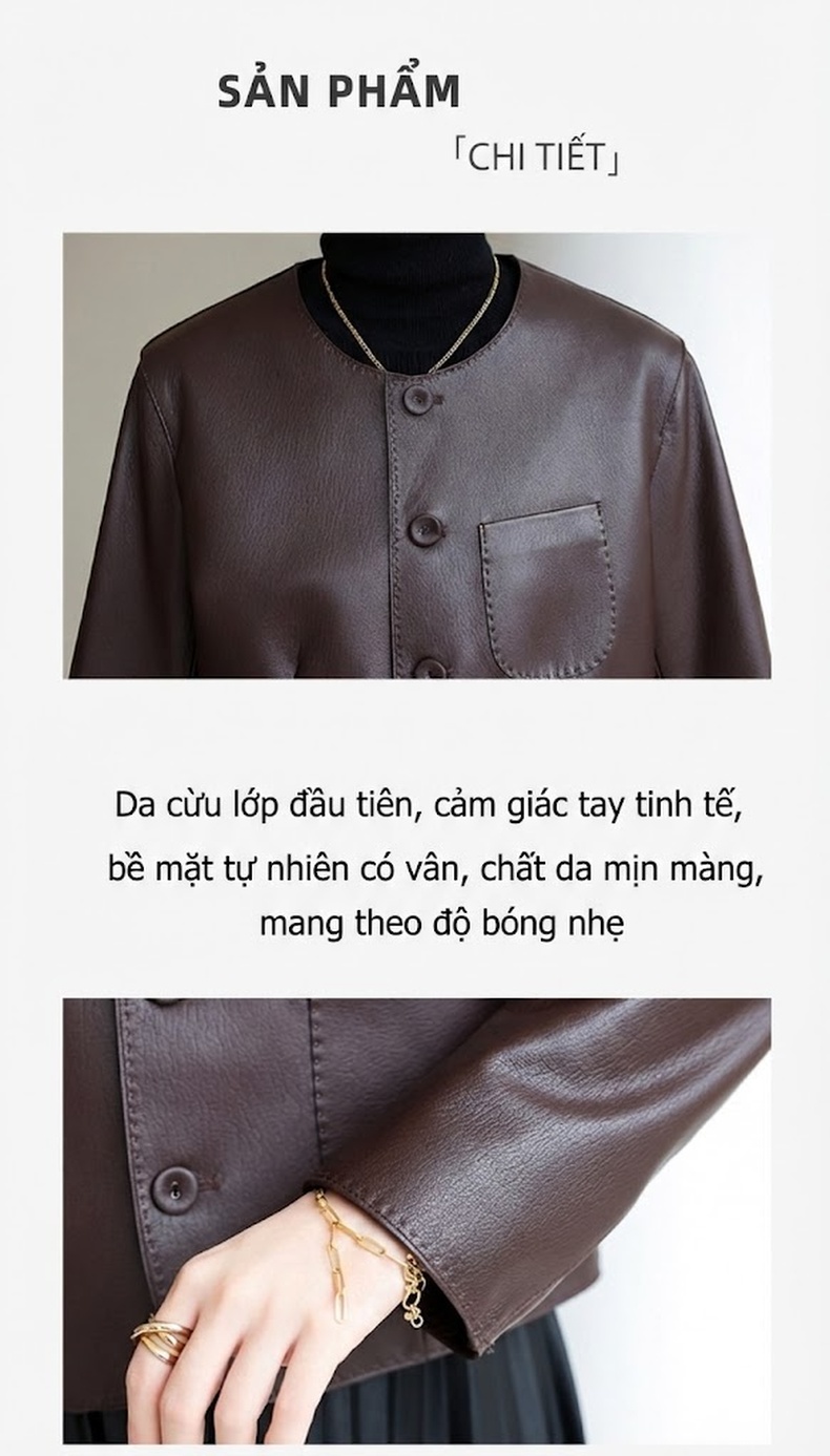 Áo Khoác Da Thật Nữ Da Dê Ngắn Tay Cổ Tròn Màu Nâu, Đen chi tiết 2