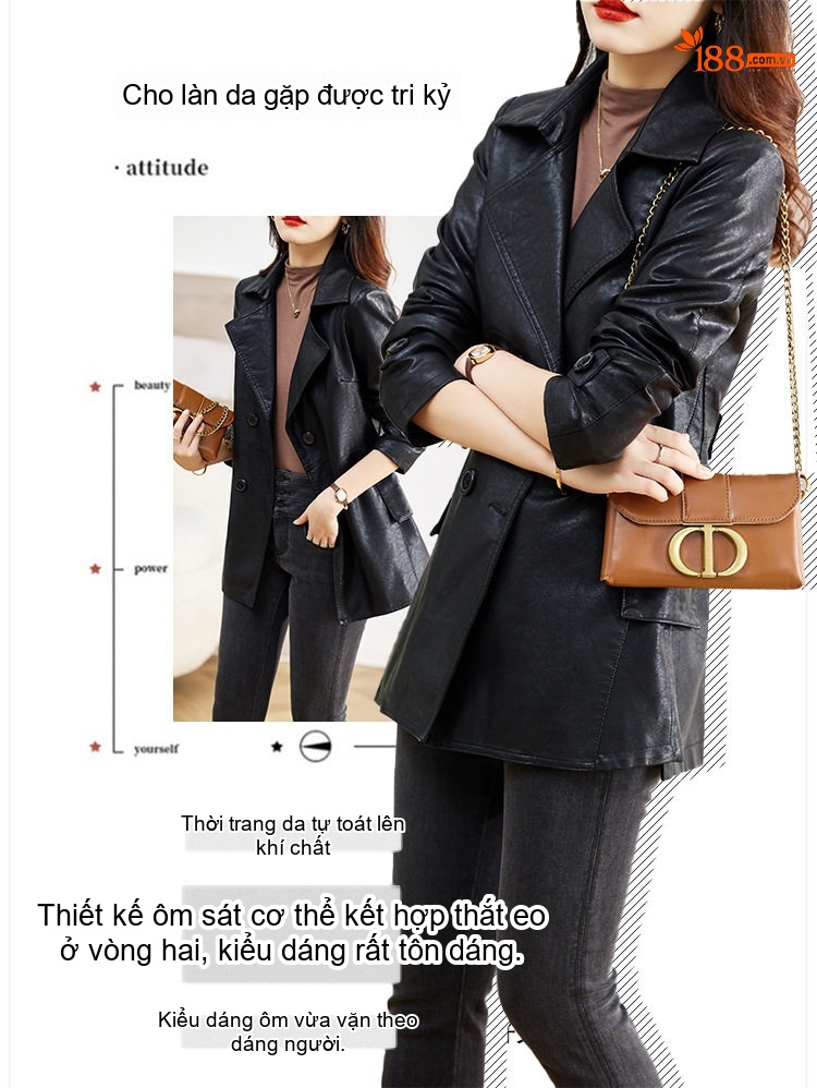 Áo Khoác Da Thật Nữ Dáng Dài Thiết Kế Thời Trang Màu Đen chi tiết 2