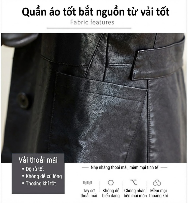 Áo Khoác Da Thật Nữ Dáng Dài Thiết Kế Thời Trang Màu Đen chi tiết 7