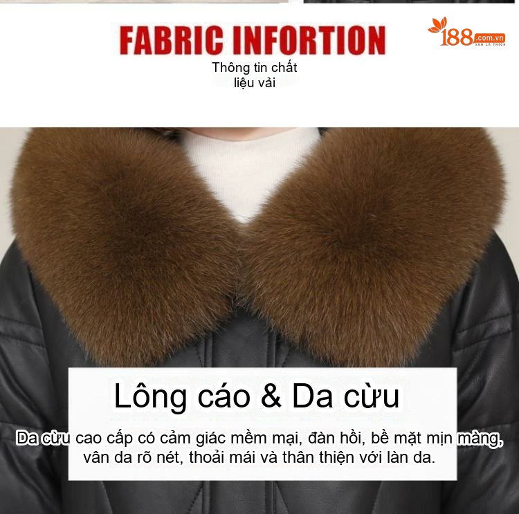 Áo Khoác Da Thật Nữ Dáng Dài Vừa Lông Vũ Mũ Lông Cáo Màu Đen chi tiết 3