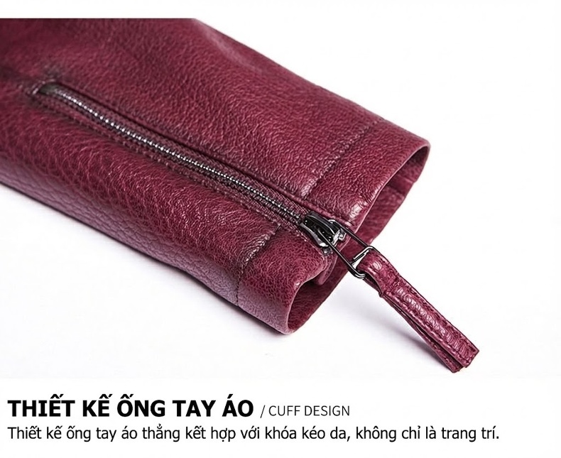 Áo Khoác Da Thật Nữ Haining Dáng Ngắn Ôm Dáng Vân Da Cá Sấu Phong Cách Moto Màu Đỏ Rượu chi tiết 19